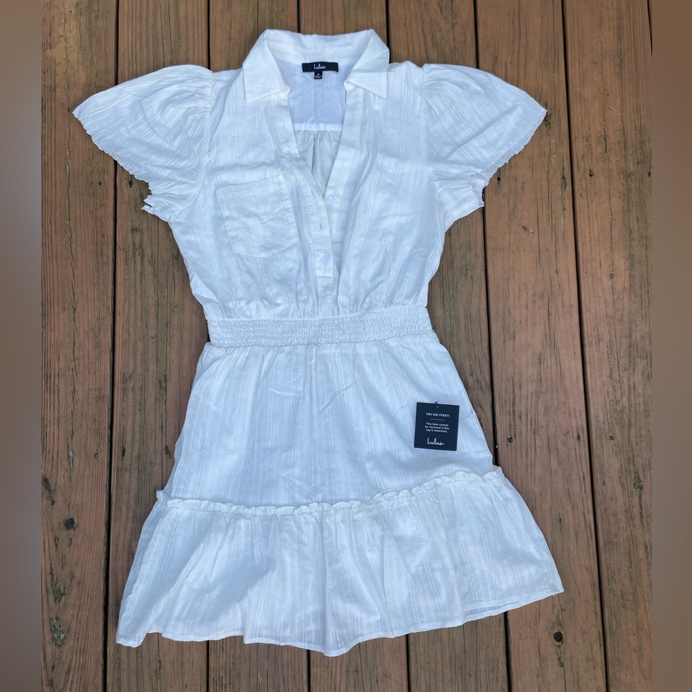 Sunny Day Picnic White Puff Sleeve Collared Mini Dress
